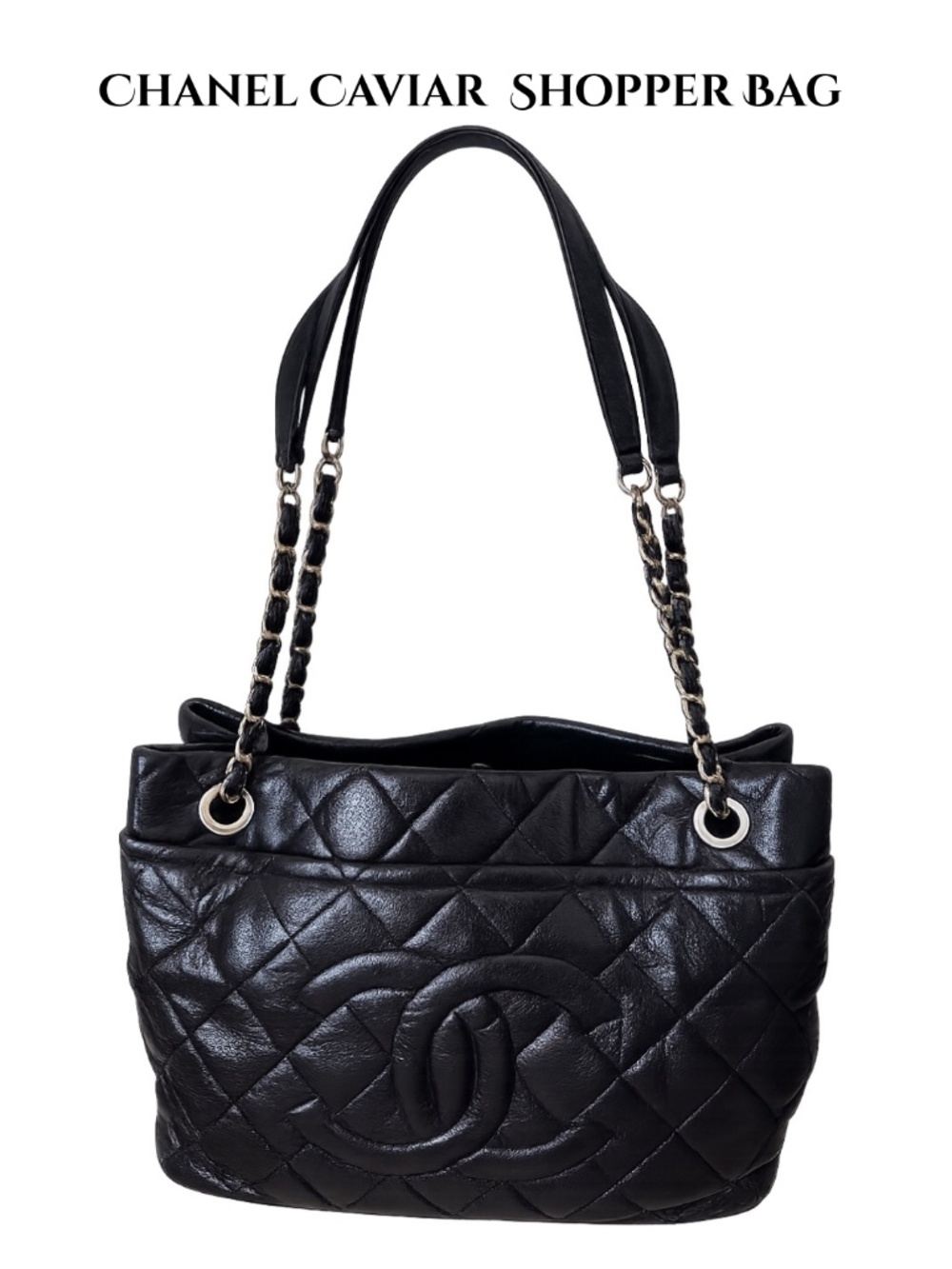 BLACK QUILTED TIMELESS CHANEL CAVIAR SHOPPER BAG